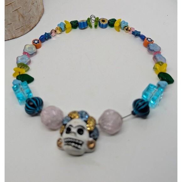 Day of the Dead Skull Beaded Wire Choker Necklace - Picture 2 of 6